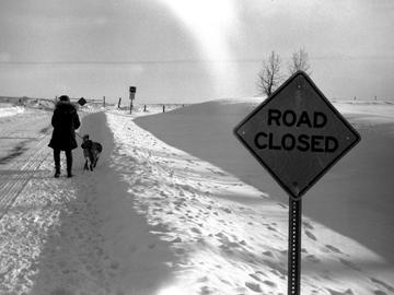 Woman Walking Past a Road Closed Sign