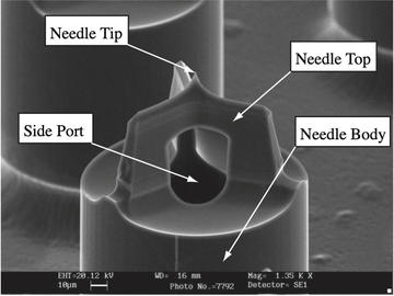 Close up of a hollow microneedle showcasing it's features