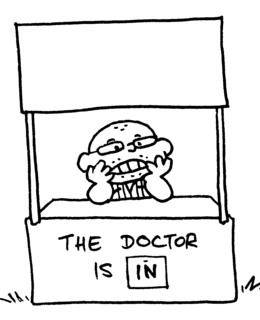 Cartoon drawing by Darko Macan, depicting Dr. Bart Beaty in the Peanuts style at a booth labelled "The Doctor Is In."