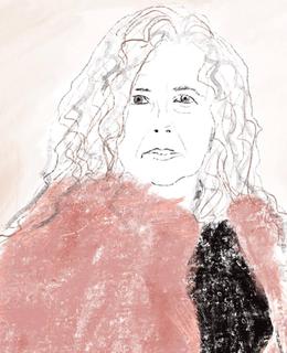 Illustration of Dr. Rebecca Sullivan. They have long hair and wear a pink coat and black shirt.