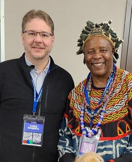 Chris Roberts (left) with Chief Michael Fonkem, a traditional leader from Cameroon who is also a professor in the USA