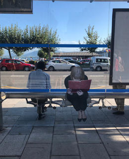 Person sitting in bus shelter with reading a red book. 