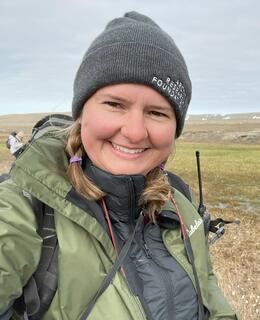 Eleanor Dickinson on the tundra of Somerset Island, Nunavut. 