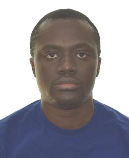 Wearing blue shirt with white background