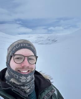 Lucas on Scott Turnerbreen glacier, Svalbard, in February, 2024.