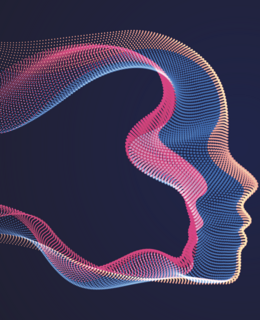 Abstract digital illustration of a human profile made from flowing pink and blue lines on a dark background.